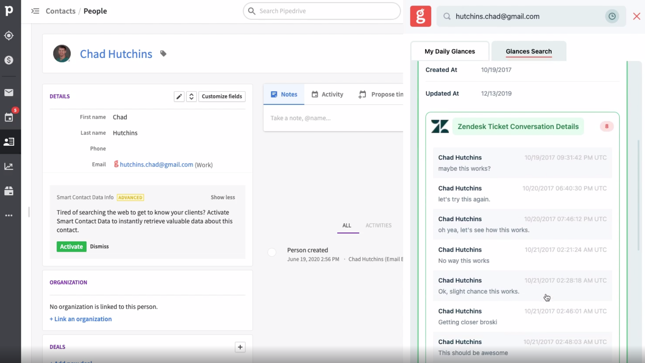 View the full Zendesk conversation within Glances Screenshot displaying a full ticket thread from Zendesk
